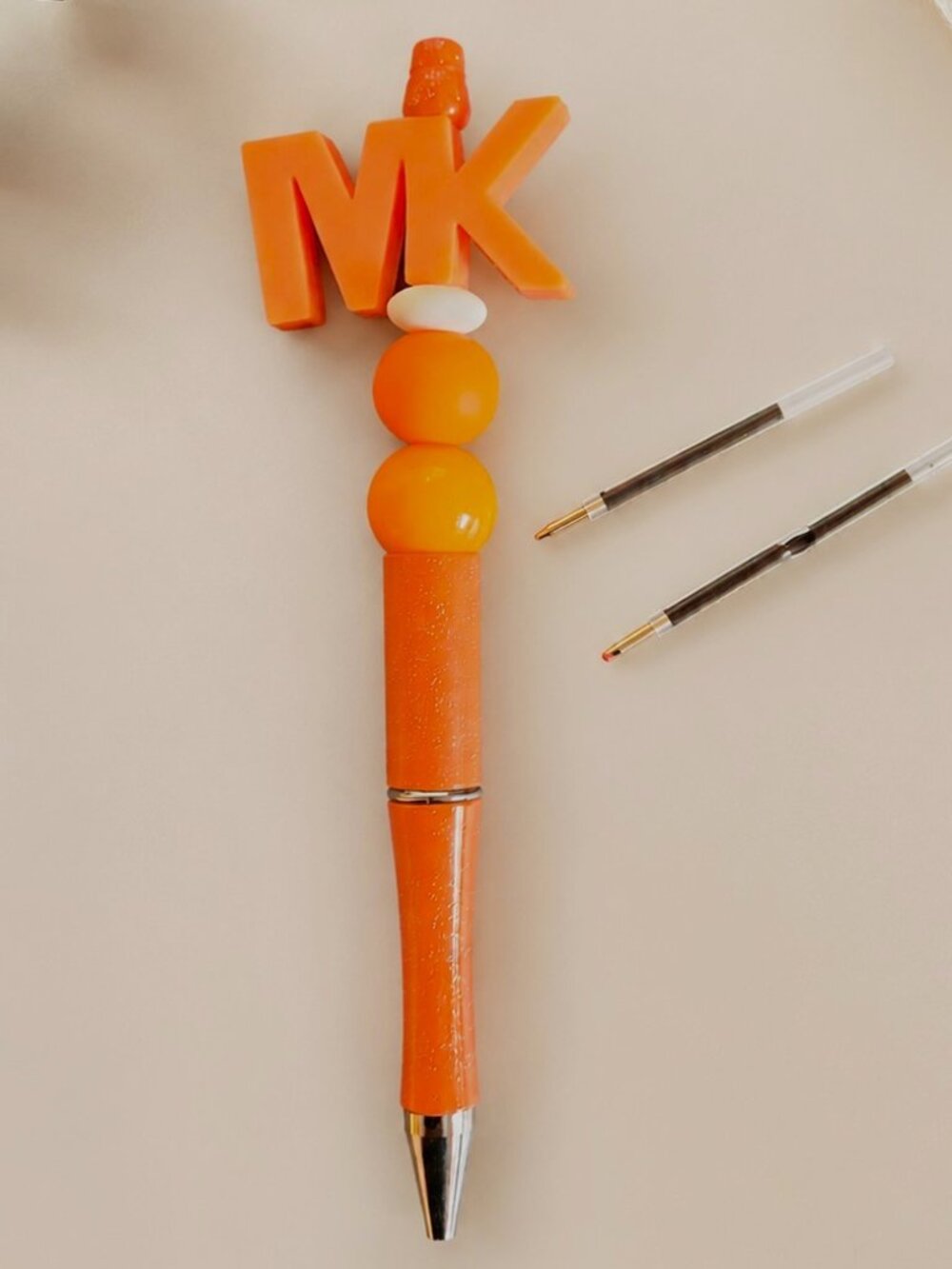 Handmade Orange Glitter Beaded Novelty Ballpoint Pen w/ 2 Extra Ink Refills sg